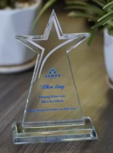 Kỷ niệm chương pha lê thủy tinh SAD cao tổng 18cm 20cm 22cm — ảnh thành phẩm SAIGONPR đã giao